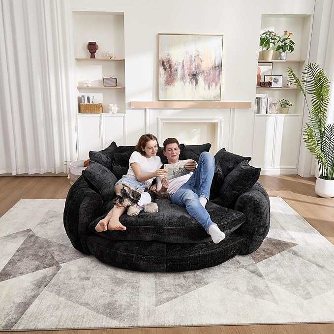 81" Oversized Bean Bag Chair Boneless Round Chaise Lounge Comfy Chenille Reading Chair Fluffy Plush Sofa Bed Large Deep Seat Circle Cloud Couch for Living Room, Bedroom, Apartment, Black