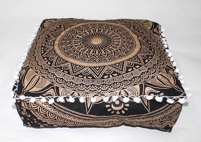 CRAFT KALA 16" Square Large Hippie Mandala Meditation Floor Ottoman Pillow Cushion Pouf Cover Square Poufs Bohemian Circle Floor Cushion Case Outdoor Fireplace Yoga Living Room Decor Cover Black Gold