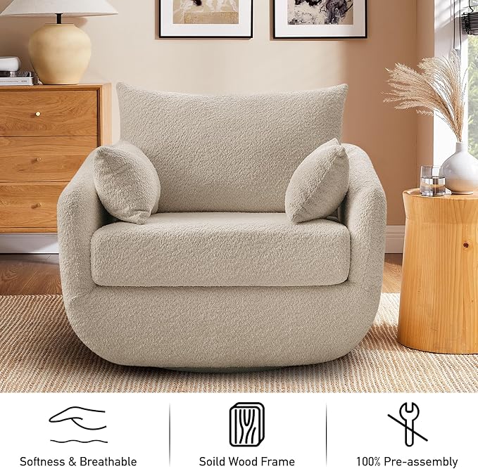UNUQLIVCO 360° Swivel Accent Armchair Set of 2, 39.3" Oversized, Sherpa Boucle Fabric Sofa Chair with Removable Back & Arm Pillows, Swivel Chairs with Cozy Soft Padded, Camel