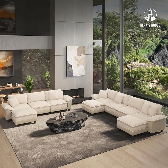 HERA'S HOUSE 124" Modular Sectional Sofa, Oversized L Shaped Couches for Living Room, Comfy Cloud Couch with Ottoman, 4-Seater Deep Seat Sofa with Throw Pillow, Corduroy and Chenille Beige