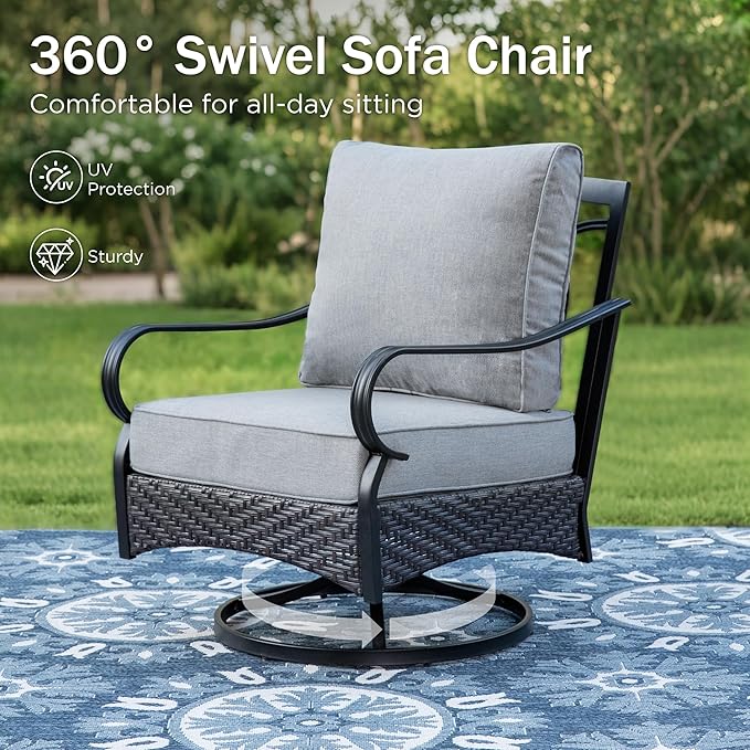 PHI VILLA Outdoor Porch Furniture Set, Upgraded Wicker&Metal Deep Seating Patio Furniture Conversation Set with Waterproof Thick Cushions for Balcony, Deck, and Yard (4 Pieces,Grey)