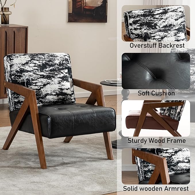 Mid-Century Modern Accent Chair with Solid Wood Frame，Upholstered Leather Living Room Arm Chairs with Pillow for Bedroom, Living Room, Reading Room, Balcony, Black