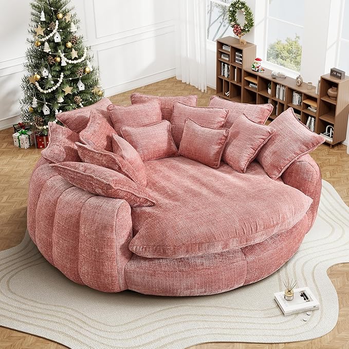 82'' Oversized Upholstered Sofa Bed, Round Chaise Lounge Chair Indoor, Modern Chenille Boneless Couch, No Assembly Required, Plush Sleeper Chair with 14 Pillows for Living Room, Pink