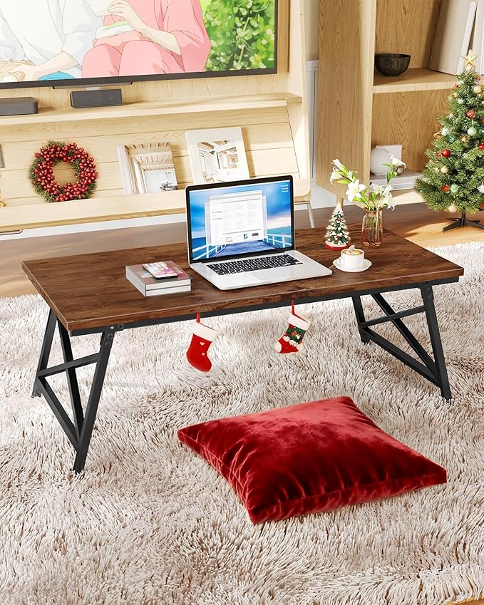 CHOEZON 41.3" Folding Coffee Table with Safety Buckles, Low Coffee Table, Portable Floor Table, for Sitting on The Floor, for Living Room, Bedroom, Balcony, Caravan, Rustic Brown and Black TKF01BF