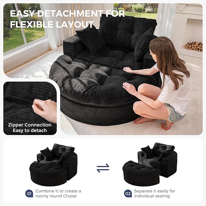 MAXYOYO Oversized Round Chaise Lounge Sofa, Upholstered Lounge Chair with 3 Pillows, Boneless Sofa Couch with Ottoman, Deep Seat Sleeper Chair for Living Room, Bedroom, No Assembly, Black