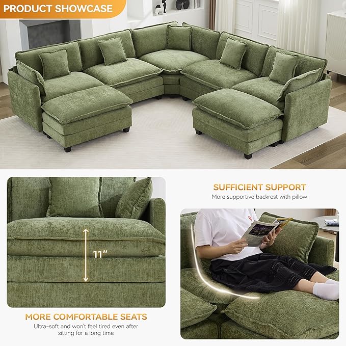 113'' V Shaped Cloud Sectional Sofa, Oversized Deep Seat Couches for Living Room, Chenille Comfy Upholstered Modular Sectional Sofa Couch with 2 Movable Ottoman, Green