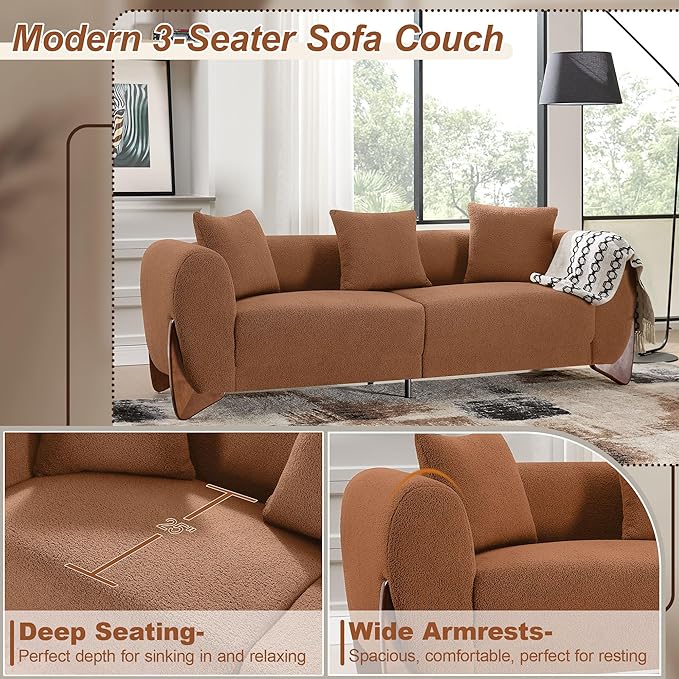 87" Sherpa Boucle Cloud Couch Modern 3 Seater Sofa with Solid Wood Legs, 25" Extra Deep Seat, Comfy Thick Cushion Upholstered Sofa Couches with 3 Pillows for Living Room, Caramel