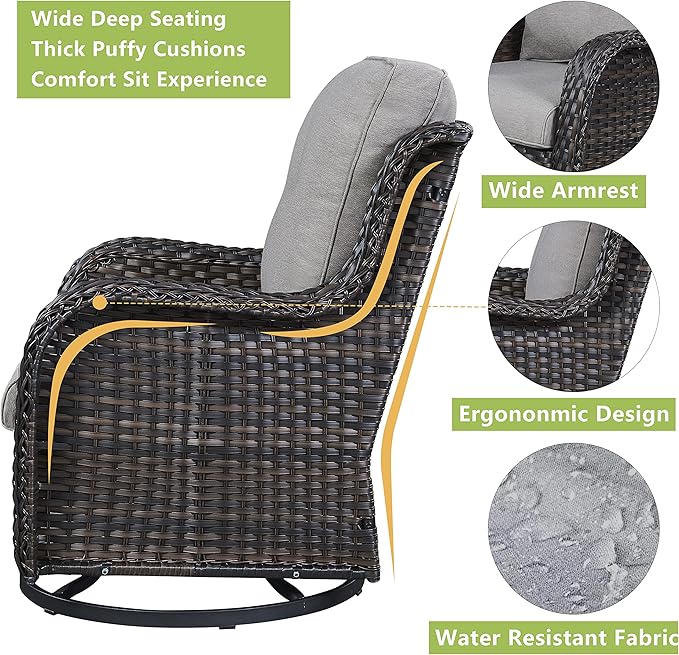 Rilyson Wicker Patio Furniture Set - 7 Piece Rattan Outdoor Sectional Conversation Sets with 2 Rocking Swivel Chairs,2 Ottomans,2 Sofa and 1 Coffee Table for Porch Deck Garden(Brown/Grey)