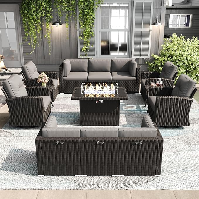 LayinSun 13 Pieces Patio Furniture Set with Fire Pit Table, Black Rattan Modular Sectional Outdoor Conversation Sofa Set, Swivel Rocking Chairs Set