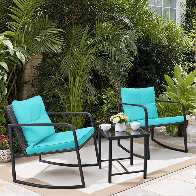 Greesum 3 Pieces Rocking Wicker Bistro Set, Patio Outdoor Furniture Conversation Sets with Porch Chairs and Glass Coffee Table, Blue