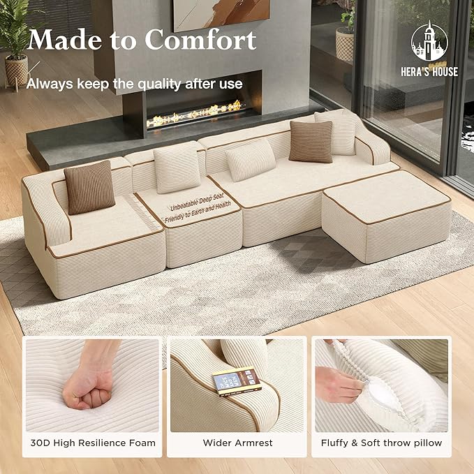 HERA'S HOUSE 134" Cloud Sectional Couch, L-Shaped Modular Upholstered Sofa with Ottoman, Corduroy Boneless Couches with Wide Armrest and 5 Throw Pillows for Living Room, No Assembly Required, Beige