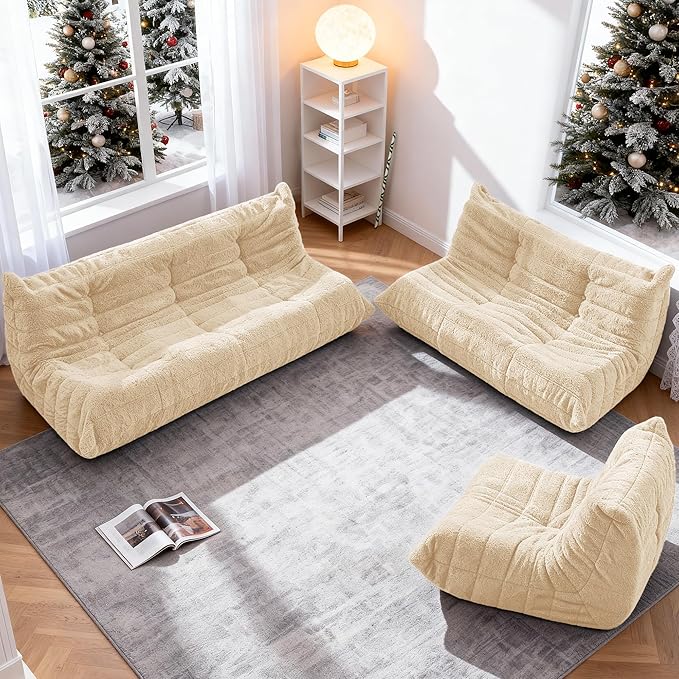 Bean Bag Loveseat Chair Big Sofa Beanbag Chair for Adults Fireside Chair Bean Bag Lounger with Memory Foam Filled for Home,Apartment or Gaming Venue（Khaki Teddy）