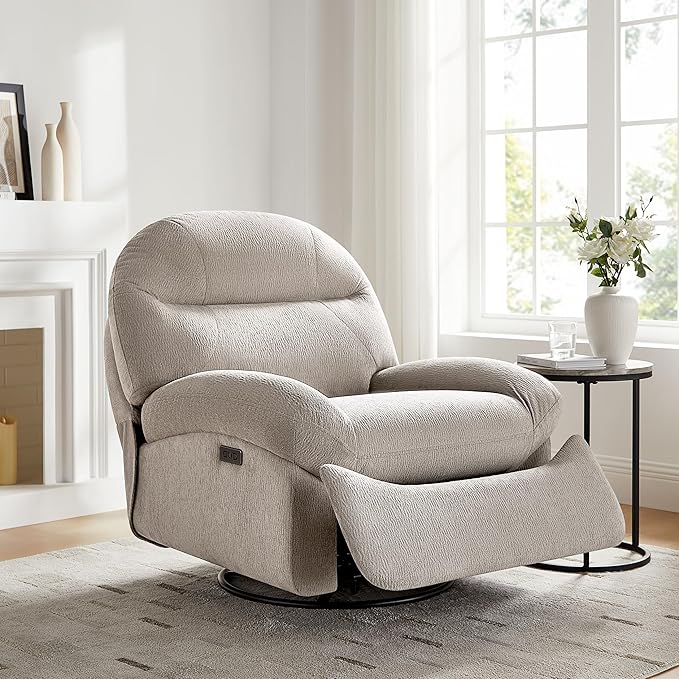 VANOMi Power Recliner Chair with USB & Type-C Charging, 270° Swivel Glider Rocker, Electric Nursery Recliner for Living Room, Bedroom, and Office, Light Gray