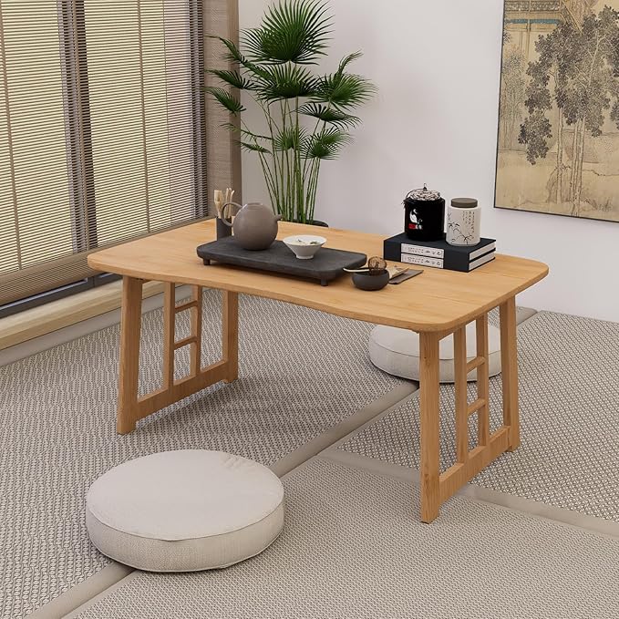 Japanese Bamboo Folding Floor Table for Sitting on Floor, Tatami Table Foldable, No Assembly, Low Tables for Small Spaces Living Room/Portable Zen Chabudai for Meditation - Light Brown