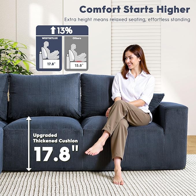 WESTSETLUX 108” Cloud Sectional Sofa Couch with High-Seat, Corduroy Modular Sofa with Oversized Chaise, High-Back Modern L-Shaped Couches for Living Room, No Assembly Required (Blue)