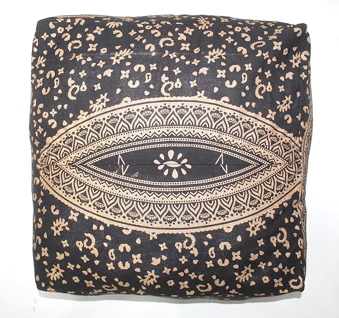 CRAFT KALA 24" Square Large Hippie Mandala Meditation Floor Ottoman Pillow Cushion Pouf Cover Square Poufs Bohemian Circle Floor Cushion Case Outdoor Fireplace Yoga Living Room Decor Cover Black Gold