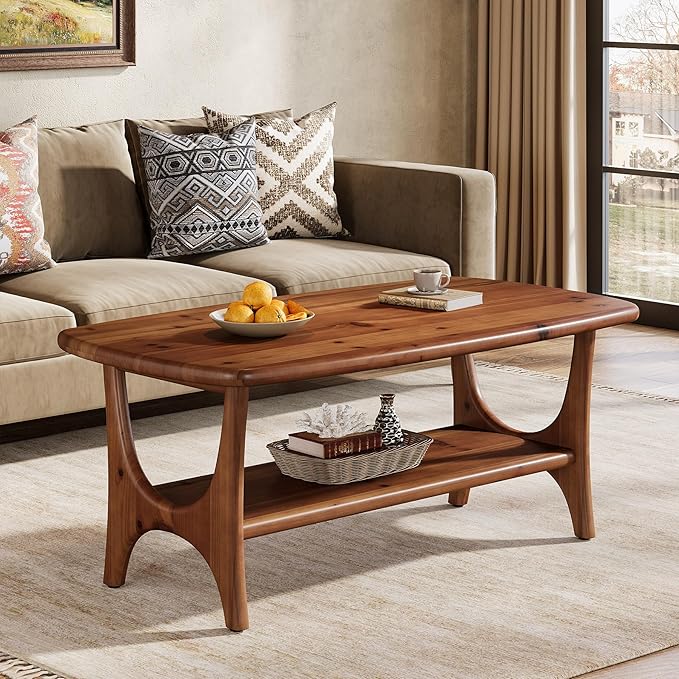 Solid Wood Coffee Table, 47.24” Mid-Century Modern Rectangle Living Room Table, 2-Tier Center Table for Living Room
