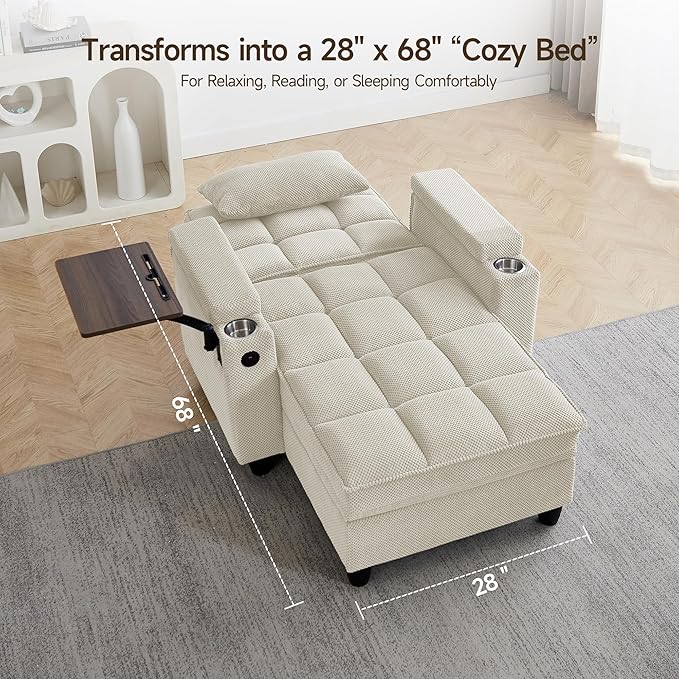 41.7" Oversized Chaise Lounge Chair Indoor, Boucle Upholstered Sofa Bed with Adjustable Backrest, Deep Seat Reading Chair, Sofas Couches for Living Room, Storage, Cup Holders & 360° Swivel Side Table