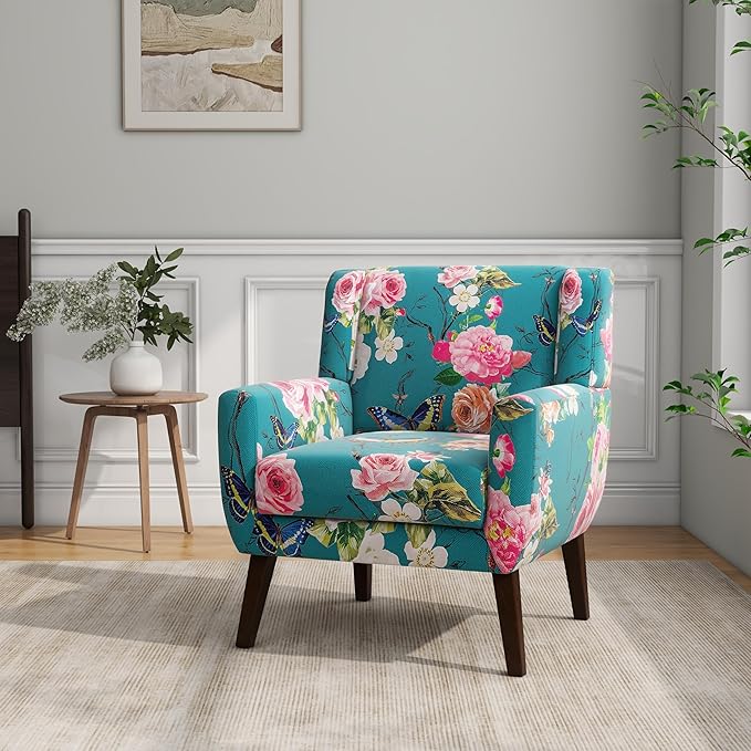 DREAMSIDEA Accent Chair, Modern Linen Blend Arm Chair for Living Room, Bedroom, Comfy High-Resilient Sponge Reading Chair for Small Spaces (Pattern Floral Blue, Set of 2)