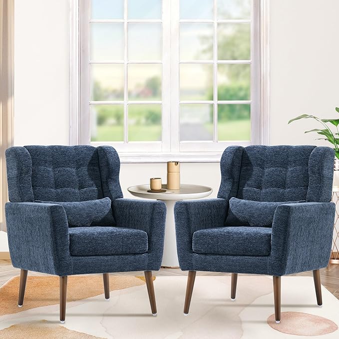 QKFF Accent Chair Set of 2, Upholstered Armchair with Pillow, Fabric Single Sofa Chair with Lounge Seat and Wood Legs Accent Chair for Living Room Small Spaces (Dark Blue, Set of 2)