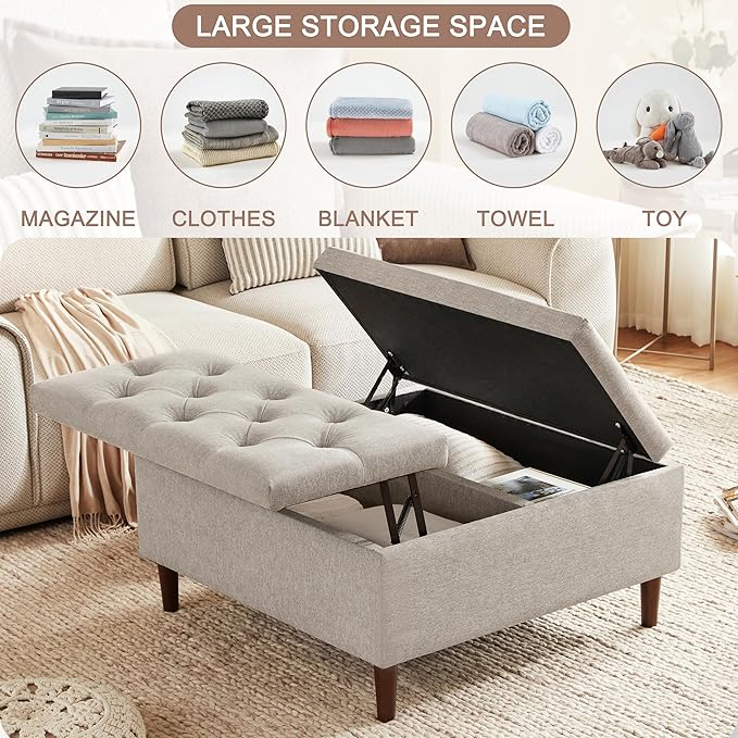 35 Inch Extra Large Storage Ottoman Coffee Table, No Assembly Required, Oversized Square Ottoman with Storage, Tufted Upholstered Ottomans Coffee Table for Living Room (Fabric, Light Grey)