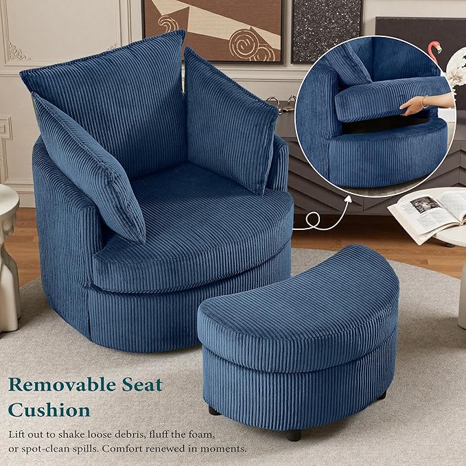 Chorlenimi Swivel Accent Chair Round Barrel Armchair Upholstered Living Room Chair Corduroy Reading Chair Single Sofa Chair for Bedroom Apartment Office (Blue, Upgrade 1Seater+ Ottoman)