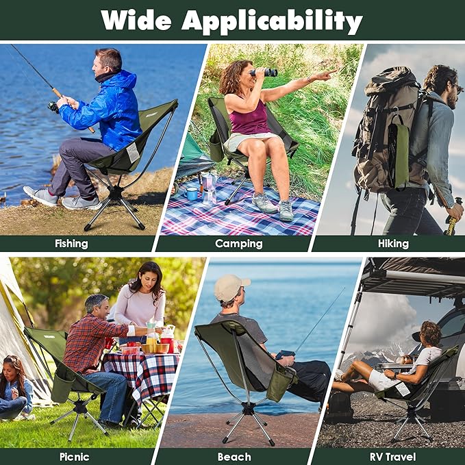 RODANNY Camping Chairs, 360° Degree Swivel Folding Chairs,Portabl Outdoor Chairs for Travel Hiking Fishing lawns Picnic Hunting,Support 305 LBS,Lghtweight,Green