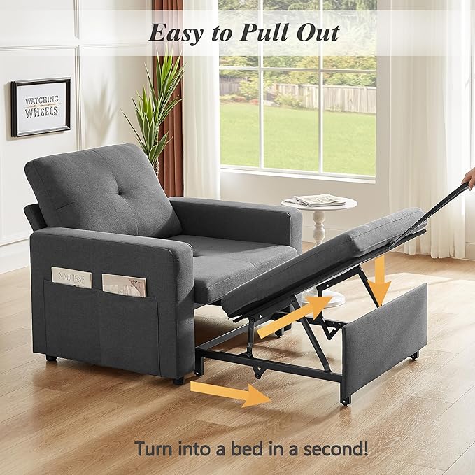 WEUP 42.5" Sleeper Sofa Chair Bed, 3-in-1 Convertible Sleeper Chair with Pull Out Bed, Adjustable Reclining Backrest, Side Pockets, Basic Dark Grey