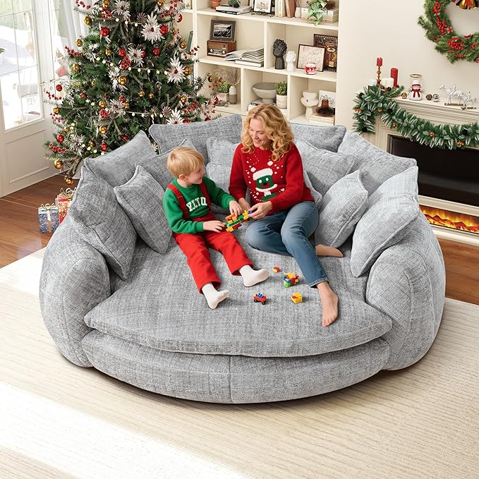 82'' Oversized Upholstered Sofa Bed, Round Chaise Lounge Chair Indoor, Modern Chenille Boneless Couch, No Assembly Required, Plush Sleeper Chair with 14 Pillows for Living Room, Light Grey