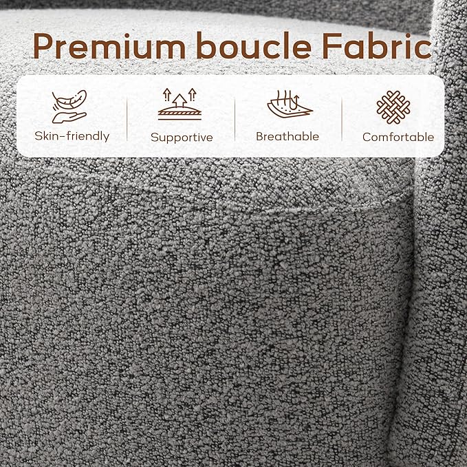 Boucle Swivel Accent Chairs Set of 2, No Assembly Upholstered Armchair with Rubberwood Base, 360° Rotating Living Room Chairs Set of 2 for Bedroom, Apartment & Reading Nook (2, Light Grey)