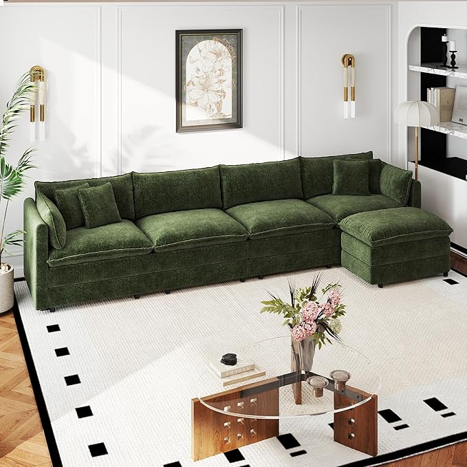 Aoowow Modular Sectional Sofa Modern Convertible L Shaped Couch,147.2 Inch Deep 4-Seater Sofas Set Comfy Chenille Cloud Sofas and Couches with Movable Ottoman for Living Room Apartment（Green）