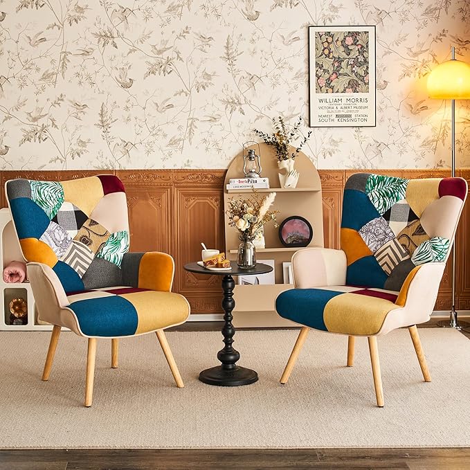 Accent Chair, Living Room Chair, Modern High Back Armchair, Colorful Patchwork Reading Chairs for Bedroom, Lounge Chair with Linen Fabric Shell and Solid Wood Feets (2, Colorful)
