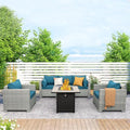 WAROOM Patio Furniture Set 4 Piece Wicker Conversation Sets PE Rattan Chair Outdoor Couch Sectional Sofa with 30" Fire Pit Table, Peacock Blue Cushion