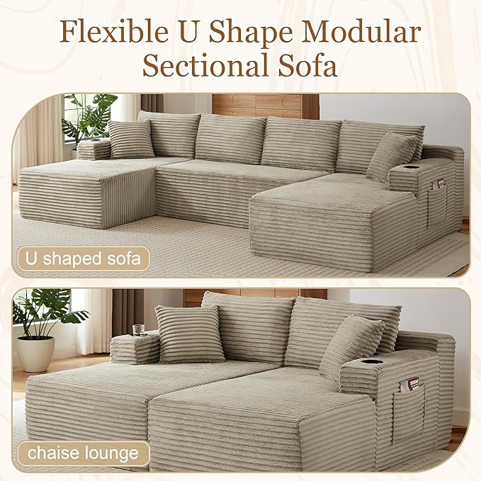134 Inch Modular Sectional Sleeper Sofa, Boneless Cloud Couch for Living Room, U Shaped 5 Seat Sofa with 2 Storage Pockets& 2 Cup Holders, Free Combination, No Assembly Required