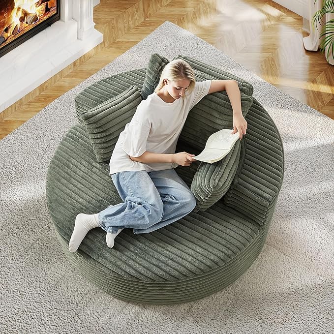 55"W Oversized Round Chair Lounge Chaise Indoor, Upholstered Comfy Circle Sofa Armchair, Modern Cozy Boneless Foam Floor Reading Chair for Living Room, Bedroom, No Assembly Required(Corduroy, Green)