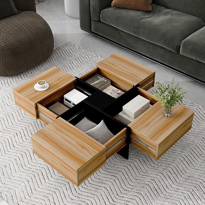 HanStrong 31.5" Square Coffee Table with 4 Hidden Storage Compartments,Cocktail Table with Extendable Sliding Tabletop,UV High-Gloss Design Center Table for Living Room,Brown