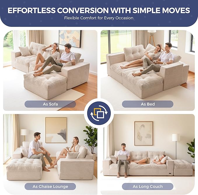 MAXYOYO L Shape Sectional Sofa Couch and Round Chaise Lounge, Modern Cloud Couch with Ottoman, Comfy Sofa with Layered Cushion, Tufted Upholstered Sleeper Chair for Living Room, No Assembly Required