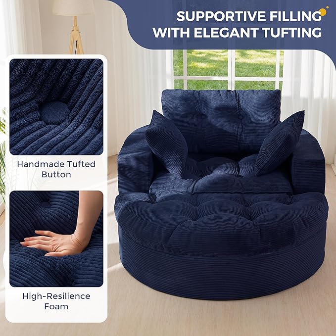 MAXYOYO Oversized Round Chaise Lounge Sofa, Upholstered Lounge Chair with 3 Pillows, Boneless Sofa Couch with Ottoman, Deep Seat Sleeper Chair for Living Room, Bedroom, No Assembly, Navy