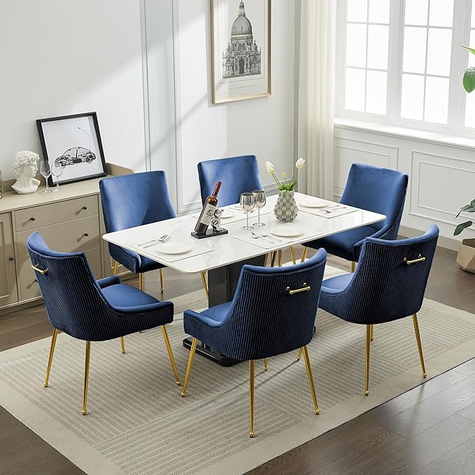 WUTUTUEE Velvet Dining Chairs Set of 6 Gold Legs,Upholstered Velvet Accent Chairs, Pleated Back Design & Gold Pull Handle, Mid Century Modern Chairs for Dining/Kitchen/Living Room,Blue