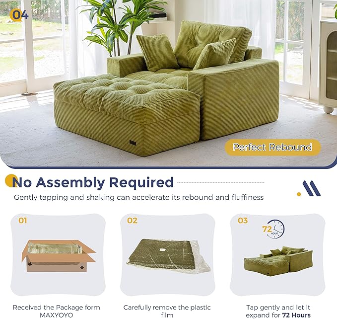 MAXYOYO Oversized Chaise Lounge Sofa, Upholstered Lounge Chair with 3 Pillows, Tufted Boneless Sofa Couch with Ottoman, Deep Seat Sleeper Chair for Living Room, Bedroom, No Assembly, Green