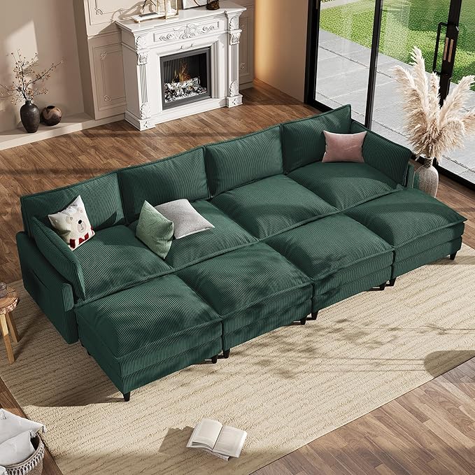 Apicizon 143" Cloud Sofa Sectional, Modern Corduroy Cloud Sofa Set with Side Storage Pocket, Comfy Convertible Sleeper Couch with Chaise for Living Room, Apartment, Office, Green