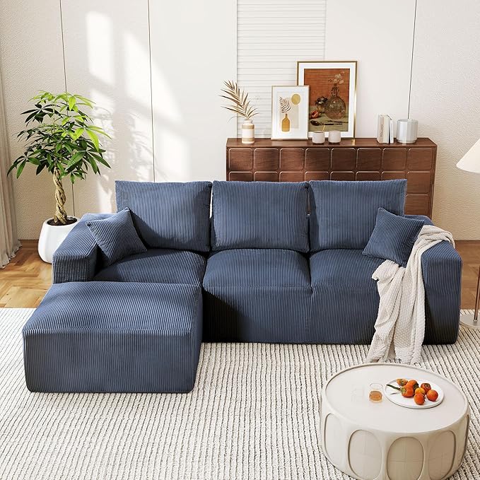 WESTSETLUX 108” Cloud Sectional Sofa Couch with High-Seat, Corduroy Modular Sofa with Oversized Chaise, High-Back Modern L-Shaped Couches for Living Room, No Assembly Required (Blue)