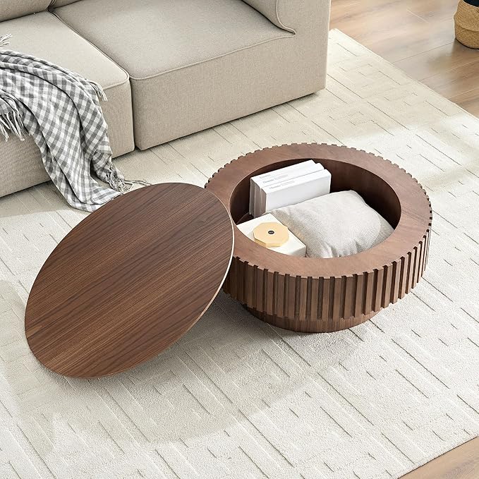 31.49'' Round Coffee Table with Storage Small Coffee Table for Apartment, Modern Living Room Coffee Table with Sturdy Pedestal (Walnut, Ø31.49 x 13.77 with Storage)