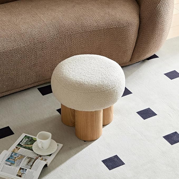 Round Foot Stool, Small Mushroom Ottoman Footstools Modern Pouf Boucle Ottoman, Teddy Foot Rest for Couch Sofa Comfy Floor Footrest Step Stool for Living Room,Bedroom,Desk,Office(Beige)