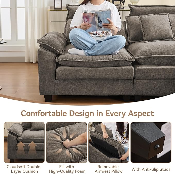 46''Cloud Oversized Sofa Chair with Detachable Headrest, Upholstered Comfy Arm Accent Chair with Ottoman,Modern Chenille Reading Lounge Armchair for Living Room,Bedroom, Brown