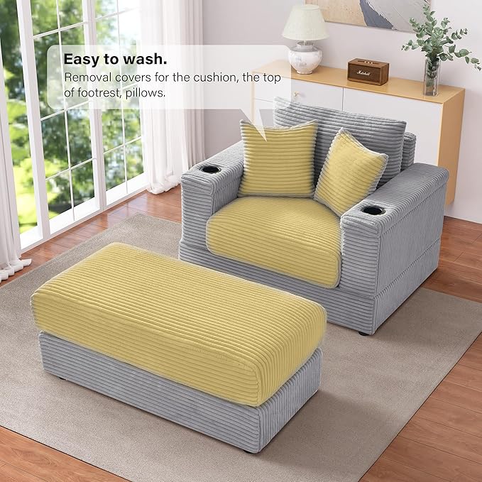DAMAIFROM Oversized Chaise Lounge Chair Indoor with USB, Cup Holder & Ottoman, Firm Solid Wood Frame with Long Service Life Corduroy Oversized Lounge Reading Chair for Study Room - Grey