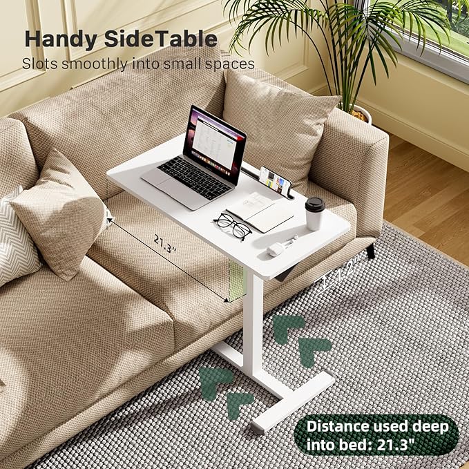 Mobile Standing Desk, Pneumatic Adjustable Rolling Desk(31.5 Inches), Portable Laptop Desk with Wheels, Overbed Bedside Table Laptop Table for Couch, Home, Office, White