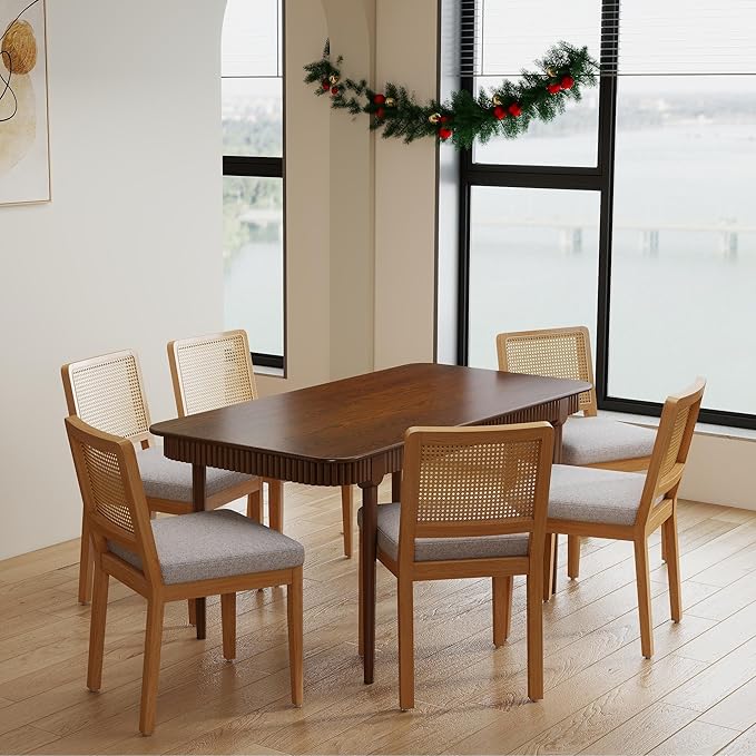 LukeAlon Set of 2 Dining Chairs Mid Century Modern with Woven Cane Back, Soft Chenille Upholstered Seat, Solid Wood Legs for Kitchen, Dining Room, Breakfast Nook, Farmhouse Style, Grey