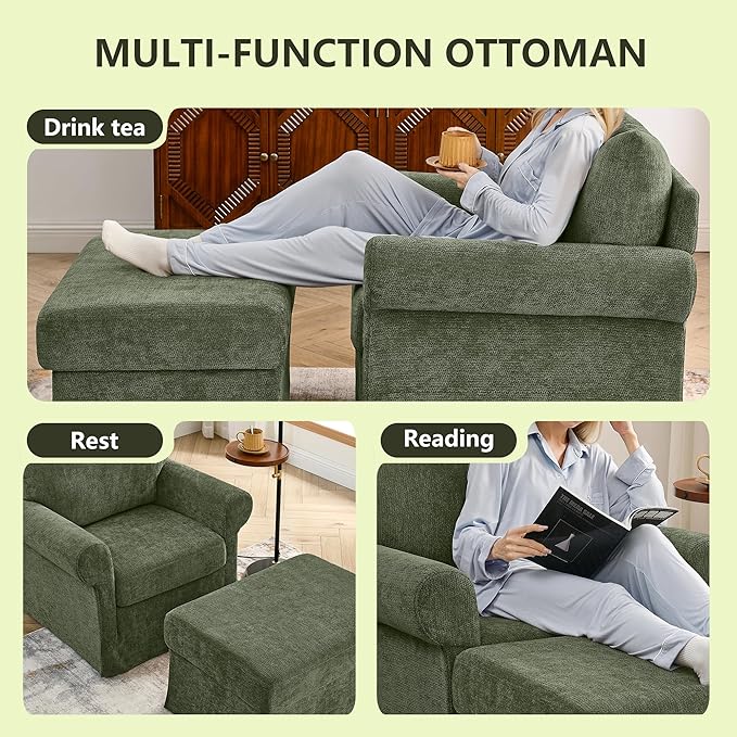 35.82" Accent Chair with Ottoman Set,Upholstered Living Room Chairs for Reading Chair with Chaise Lounge Chairs Indoor, Comfortable Armchair for Bedroom (Green, 35.82")
