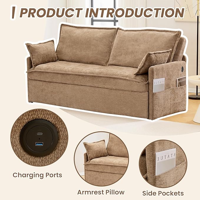 GRAINLLE Pull Out Couch,Loveseat Convertible Sleeper Sofa Bed with USB,Pull Out Sofa Bed Side Storage,2 Pillows,Corduroy Sleeper Couch for Living Room,Bedroom,Apartment,Pet-Friendly (Khaki, 59.5'')
